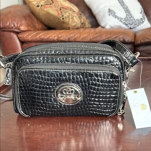 Black Croc-Embossed Crossbody Bag